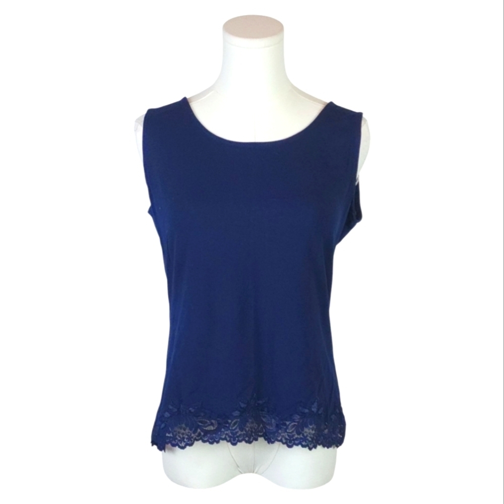 Coldwater Creek Navy Blue Sleeveless Tank Top Size M – Cotton Stretch Lace Hem